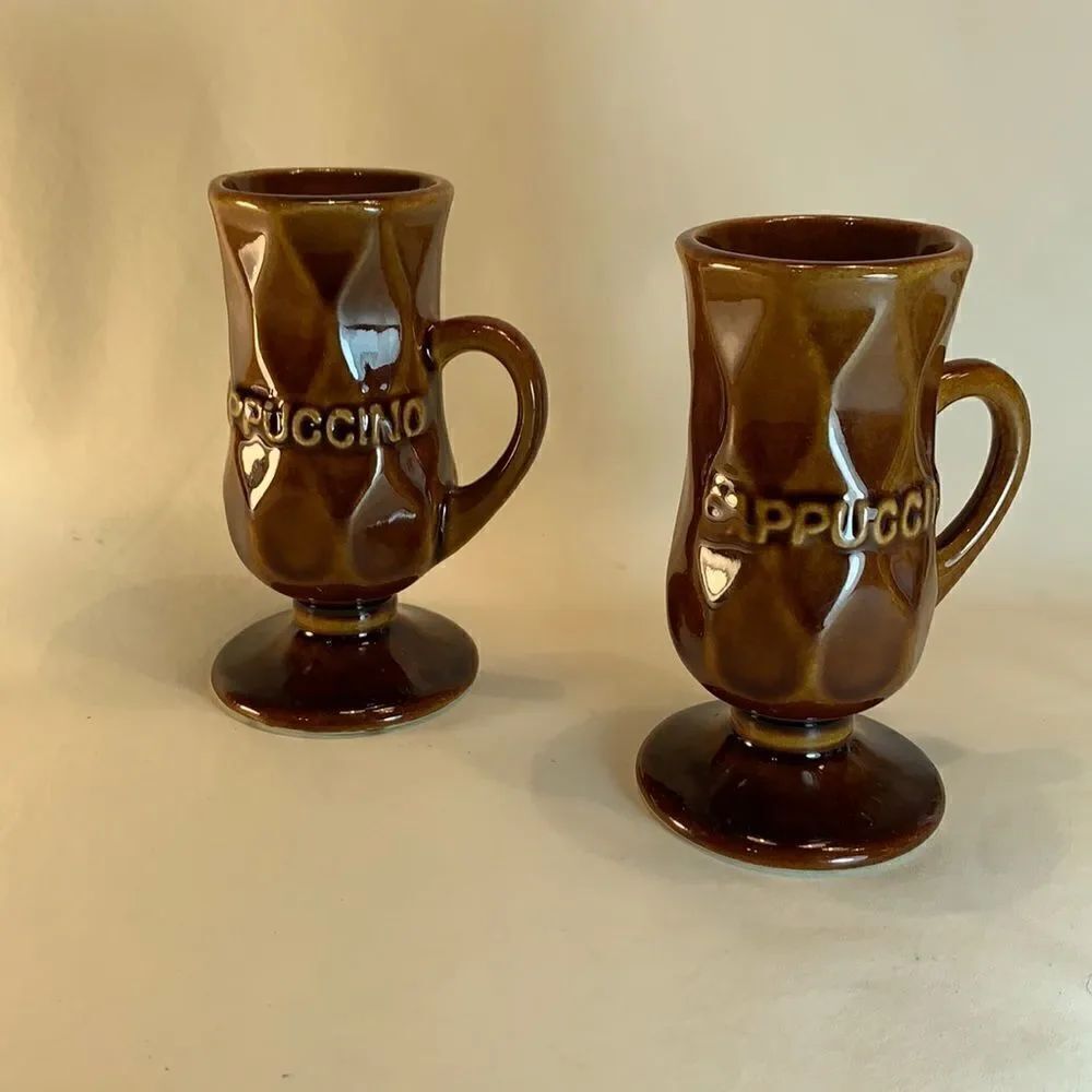 Set 2 Brown Ceramic Textured Cappuccino Mugs 4 1/2 Inches Tall 2 Inches Round